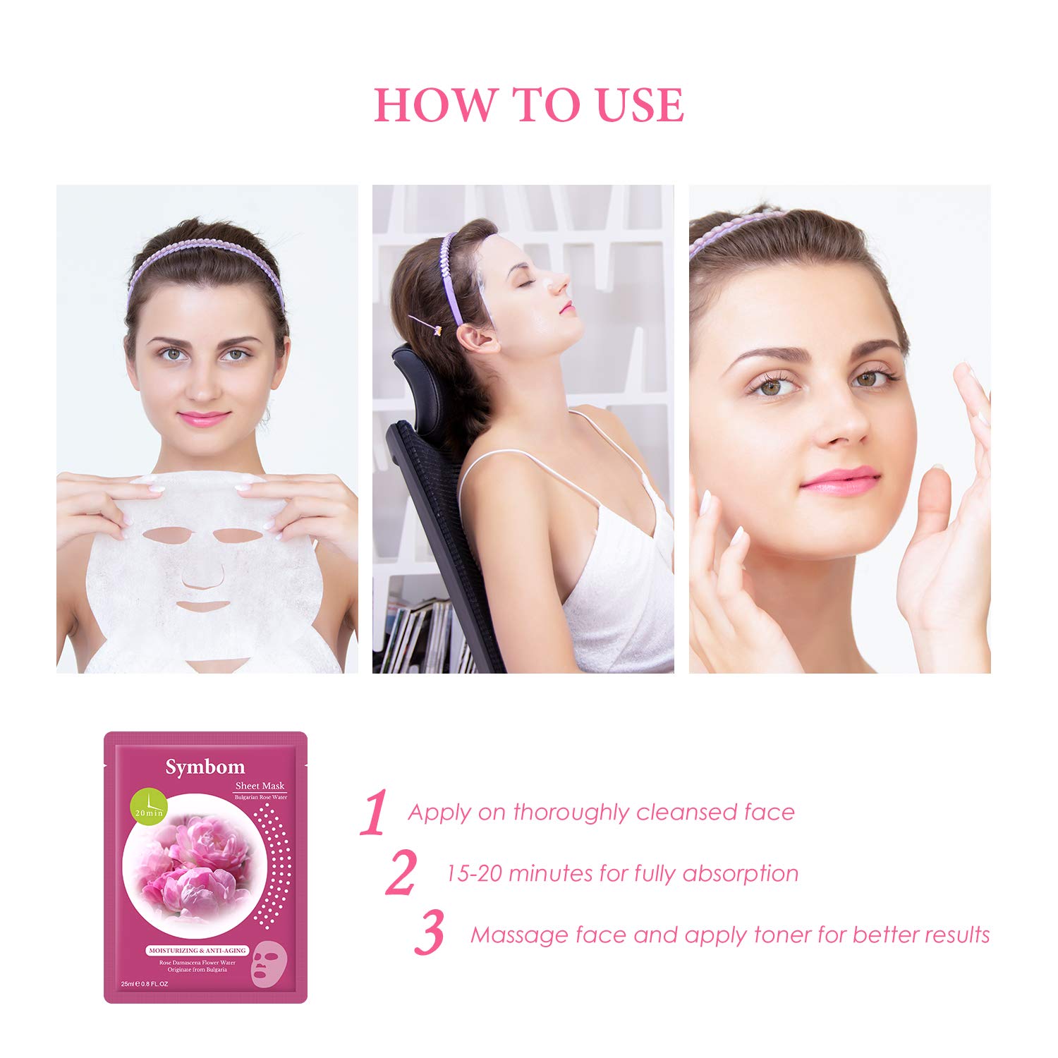 SYMBOM Rose Water Face Mask Sheet, Instant Hydrating and Brightening, Deep Moisturizing Anti-Aging Facial Mask with Hyaluronic Acid, Pure Natural Bulgarian Rose Water, Vitamin C