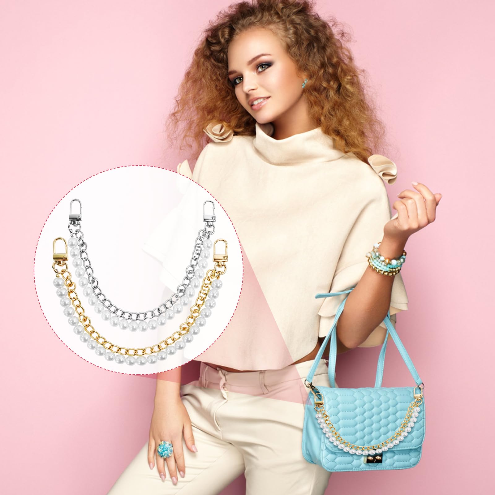 GAQWOK 2 Pcs Pearl Purse Chain Handbag Straps, Metal Shoulder Crossbody Bags Short Handle Replacement Bag Charm Chain, Purse Charms for Handbags(Gold and Silver)