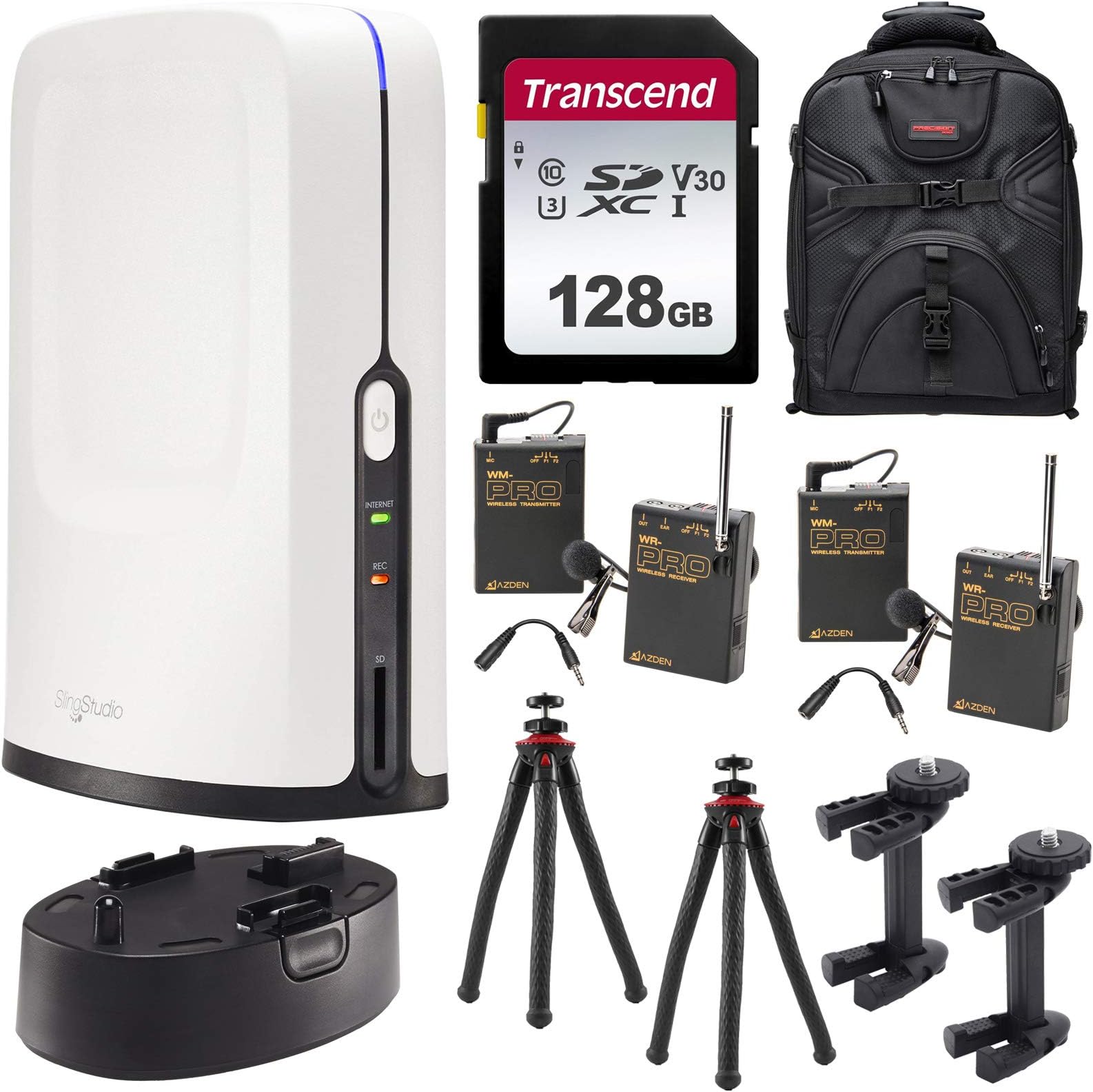 SlingStudio Hub Portable Wireless Broadcast HD Video Production Unit (Smartphone Location Interview Bundle) + Battery Pack + 128GB Card + 2 Tripods + 2 Lavalier Mics