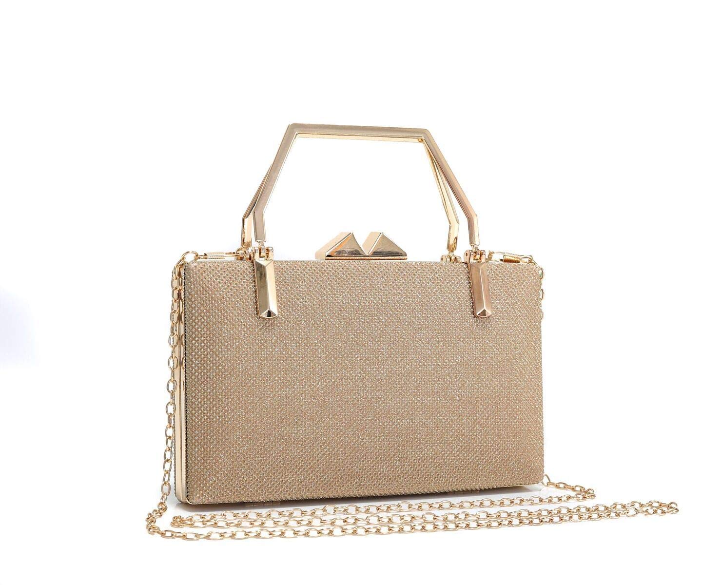 FoxLady Bags Womens Elegant Shiny Wedding Party Bridal Evening Clutch Shoulder Bag with a Small Handle + Detachable Chain Strap (Gold)
