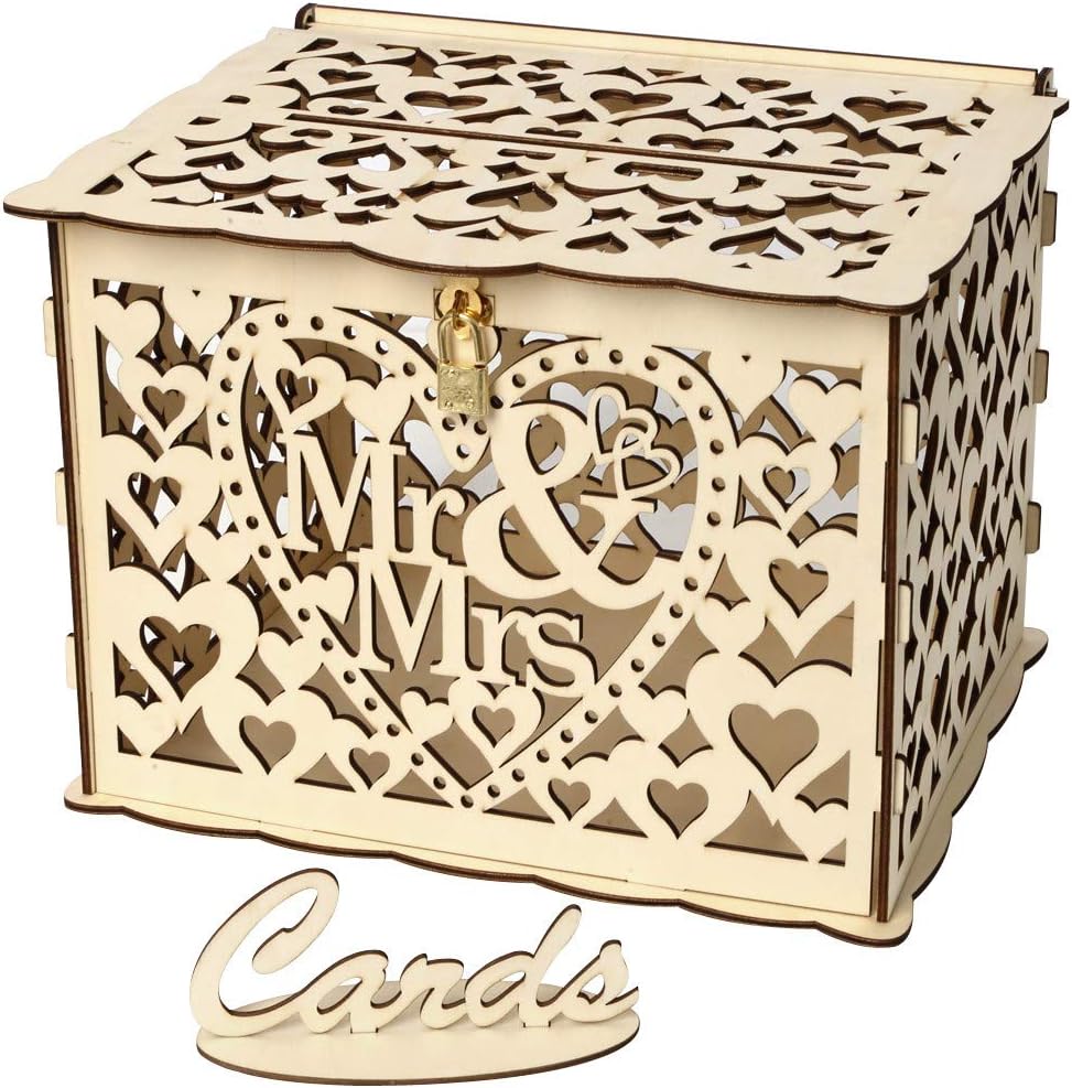 RINKOUa Wedding Card Boxes Hollow Out Handmade Wodden Bridal Card Holder Table Decoration Best Wishes Gifts for Mother's Day (Mr & Mrs)