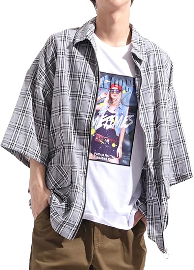 Amazon バレッタ Valletta チェック柄 ジップ ビッグシャツ ワイド 総柄 カジュアル ストリート モード ドルマンスリーブ メンズ シャツ 通販