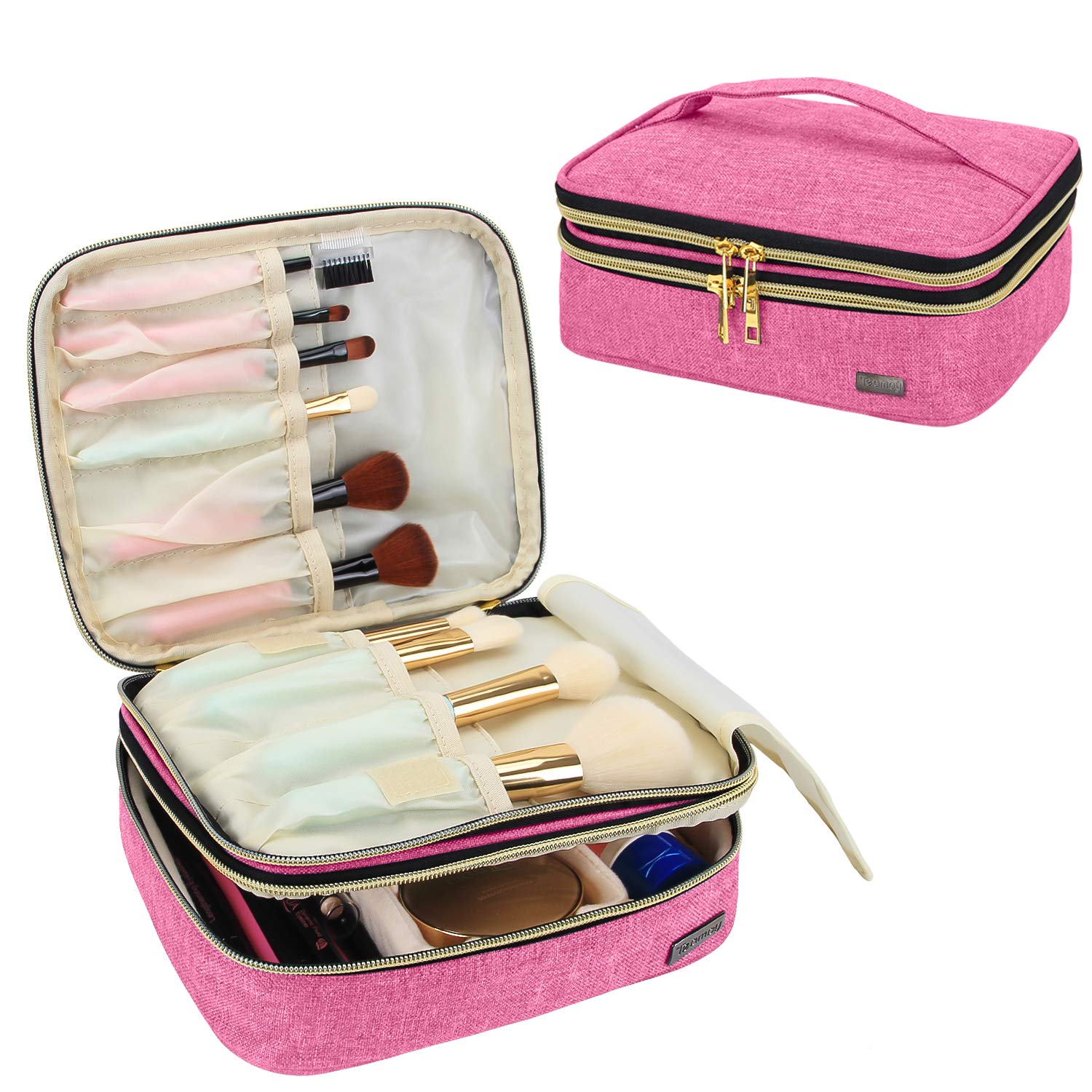 Teamoy Travel Makeup Brushes Case(up to 8.8'' Brushes), Professional Makeup Train Organizer Bag with Handle for Makeup Brushes and Beauty Essentials-Medium, Pink(New Version)