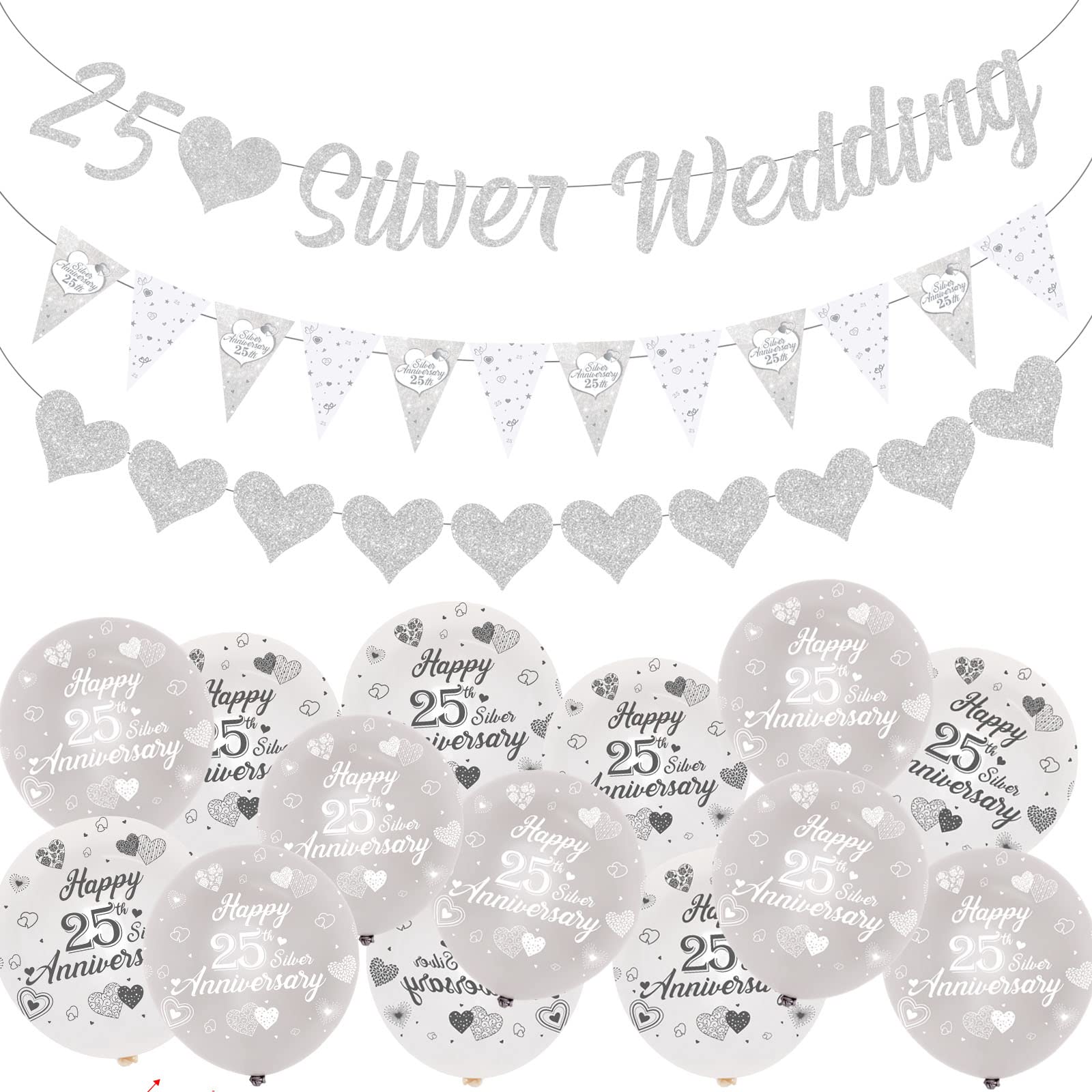 Fangleland 25th Wedding Anniversary Decorations for Couple, 25th Silver Wedding Glitter Banners and Bunting Flag Balloons for Anniversary Party Supplies