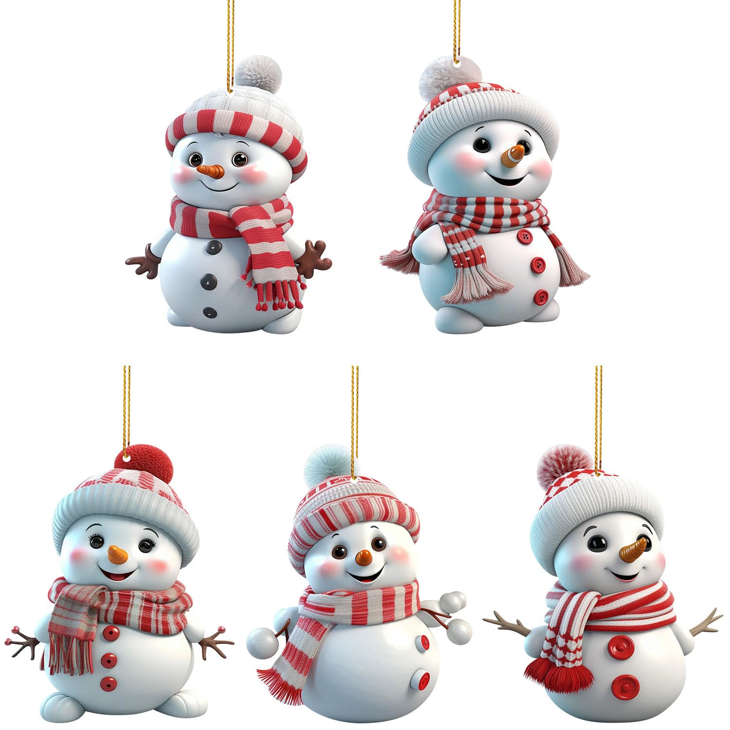 5 PCS Small Ideas 2D Snowman Christmas Ornament Mini Xmas Tree Charms Decoration Set with Strings Santa Craft Present Garden House Window Wall Wreath Party Bag Outdoor Hanging Bauble Decor for Girl