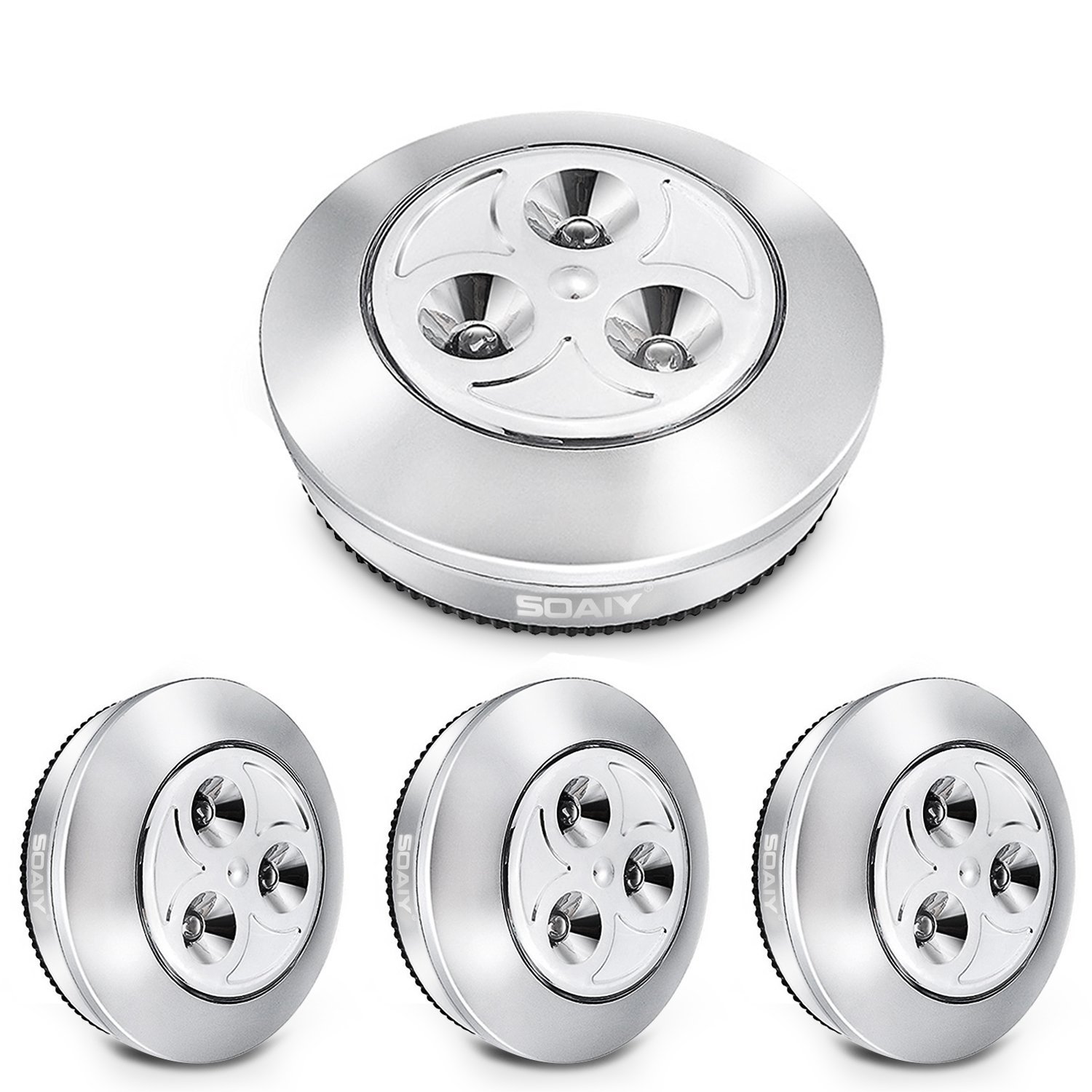 SOAIY Upgraded Strong Sticky Stick-On LED Push Light Battery-Powered Touch Tap Night Lamp for Closet, Counter, Attic, Garage, Car, Shed, Storage Room and More, (Silver, 4pcs)