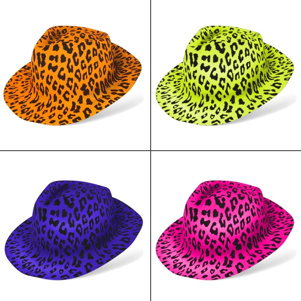 Novelty Place Neon Animal Print Plastic Party Hats, Fedora with Gangster Mafia Style, UV Blacklight Glow Party Stars Rave Hats for Kids and Teens in Birthday, Concerts, Music Party(Pack of 12): Toys & Games