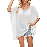 Chunoy Womens Side Slit Chiffon Tunic V Neck Casual Loose Tops Summer Beach Cover Up