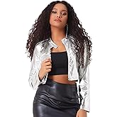 Allegra K Cropped Jacket Women Disco Outfits Metallic Stand Collar Party Club Long Sleeve Crop Jackets