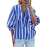 Tankaneo Womens Puff Sleeve Babydoll Tops Summer V Neck Striped Blouse Cute Casual Loose Fit Flowy Shirts
