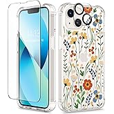 GVIEWIN for iPhone 13 Case Floral, with Screen Protector&Camera Lens Protector,[Non Yellowing] Soft Shockproof Clear Phone Protective Cover for Women, Flower Pattern Design 6.1", Blooming Flowerets