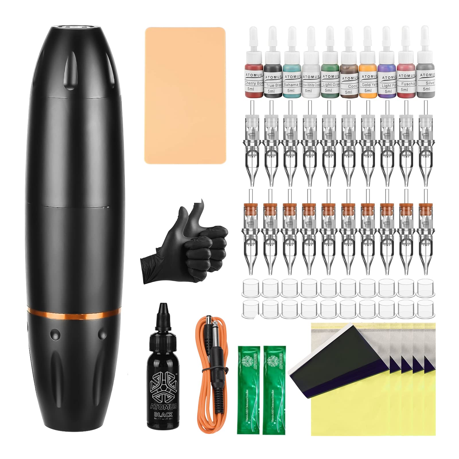 ATOMUS Tattoo Machine Set Tattoo Pen Set Tattoo Pigment Ink Black Professional Rotary Tattoo Machine Kit 5pcs 3RL/3RS/5RL/5RS Cartridge Needles