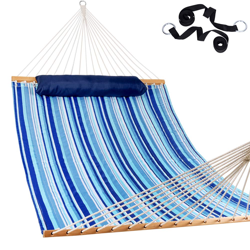 Lazy Daze Hammocks Hammock Quilted Fabric with Pillow for Two Person Double Size Spreader Bar Heavy Duty Stylish, Blue Stripe