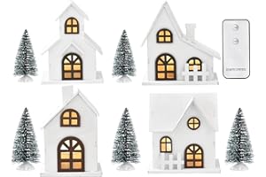 Ovootok Wood & Plastic Christmas Sculpture Set, 9pcs, Including 4 LED Lighted Houses and 5 Frosted Trees for Tabletop Mantel Décor
