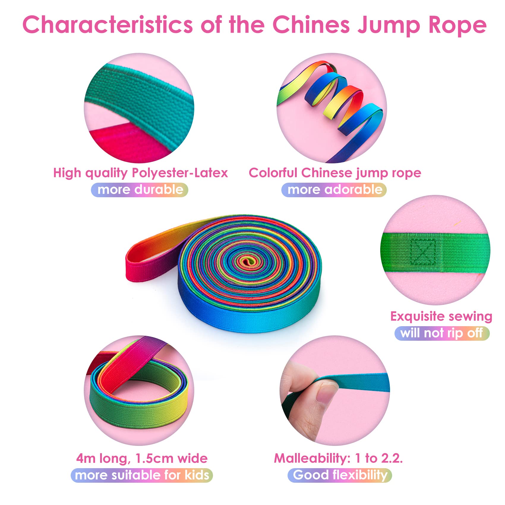 Cikyner Chinese Jump Rope, 4m Long 1.5cm Wide Elastic Chinese Ropes with Instructions French Skipping Rainbow Band for Indoor and Outdoor Children Jumpsies Games, Ideal for Gifts for Girls and Boys