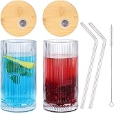 Salpae 16 Oz Ribbed Drinking Glasses with Lids and Straws, 2 Pack Iced Coffee Glasses Clean Water Glass Cups for Kitchen Juicing, Office, Travel