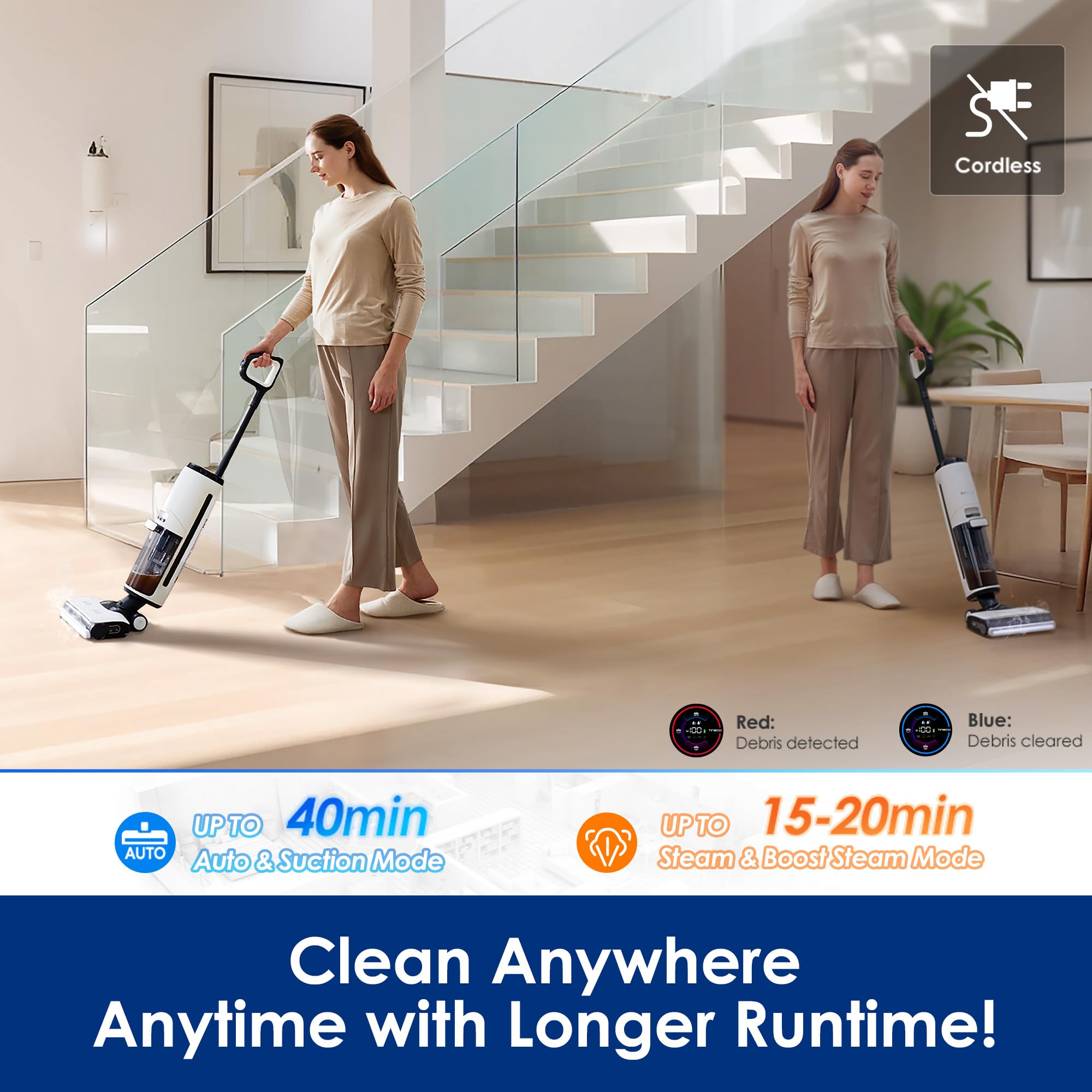 Tineco Floor ONE S7 Steam Cordless Wet Dry Vacuum Steam Mop All-in-One, Floor Washer for Sticky Mess Clean Up on Hard Floors with Digital Display, Self-Cleaning, Edge Cleaning, Safe for Kids & Pets