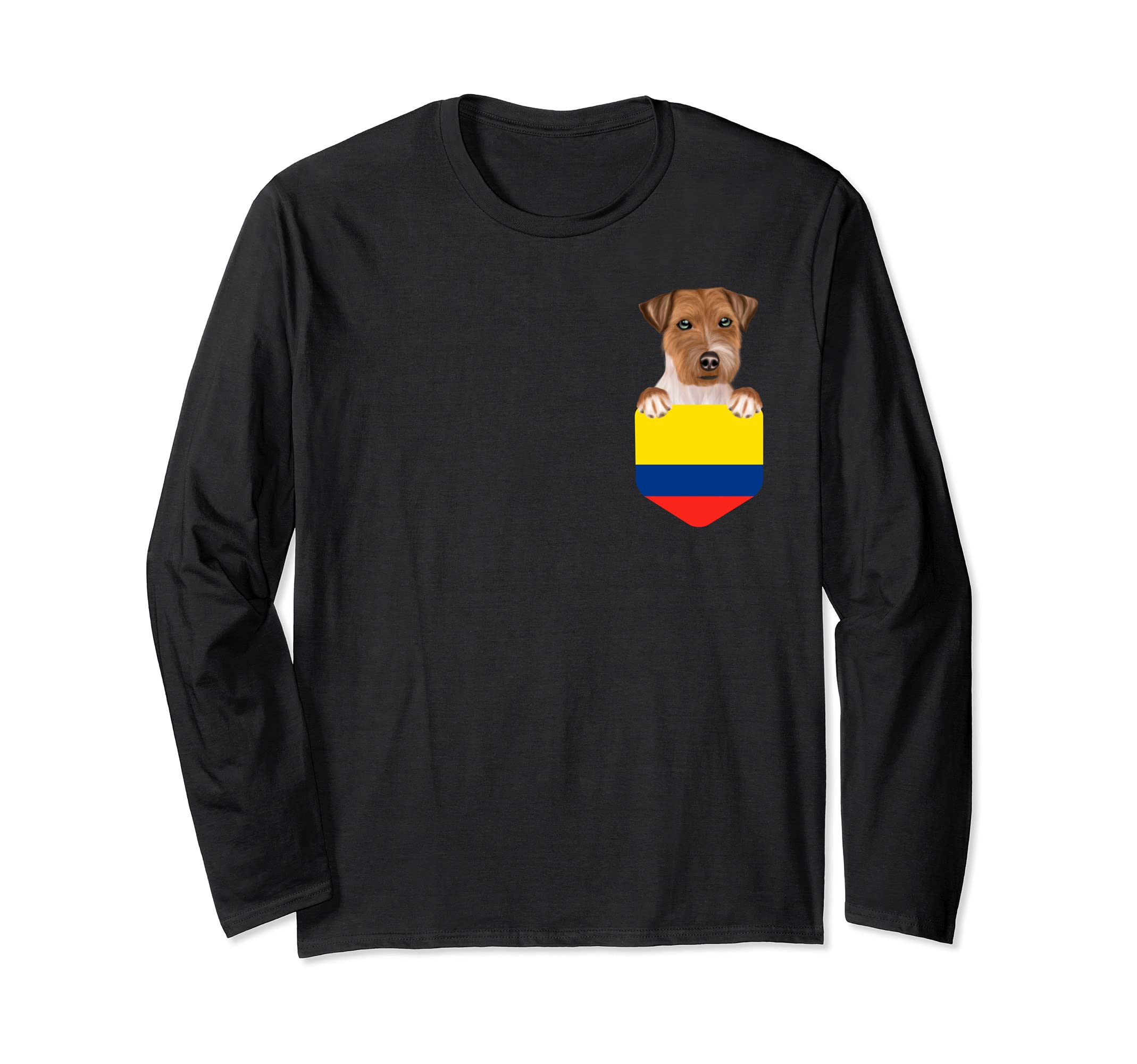 Colombia Flag Russell Terrier Dog In Pocket Long Sleeve T-Shirt