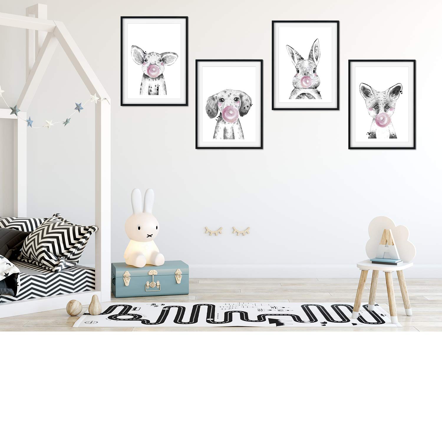 Nacnic Set of 4 posters for children and children's room Scandinavian style with bubblegum pink A4Animales size unframed