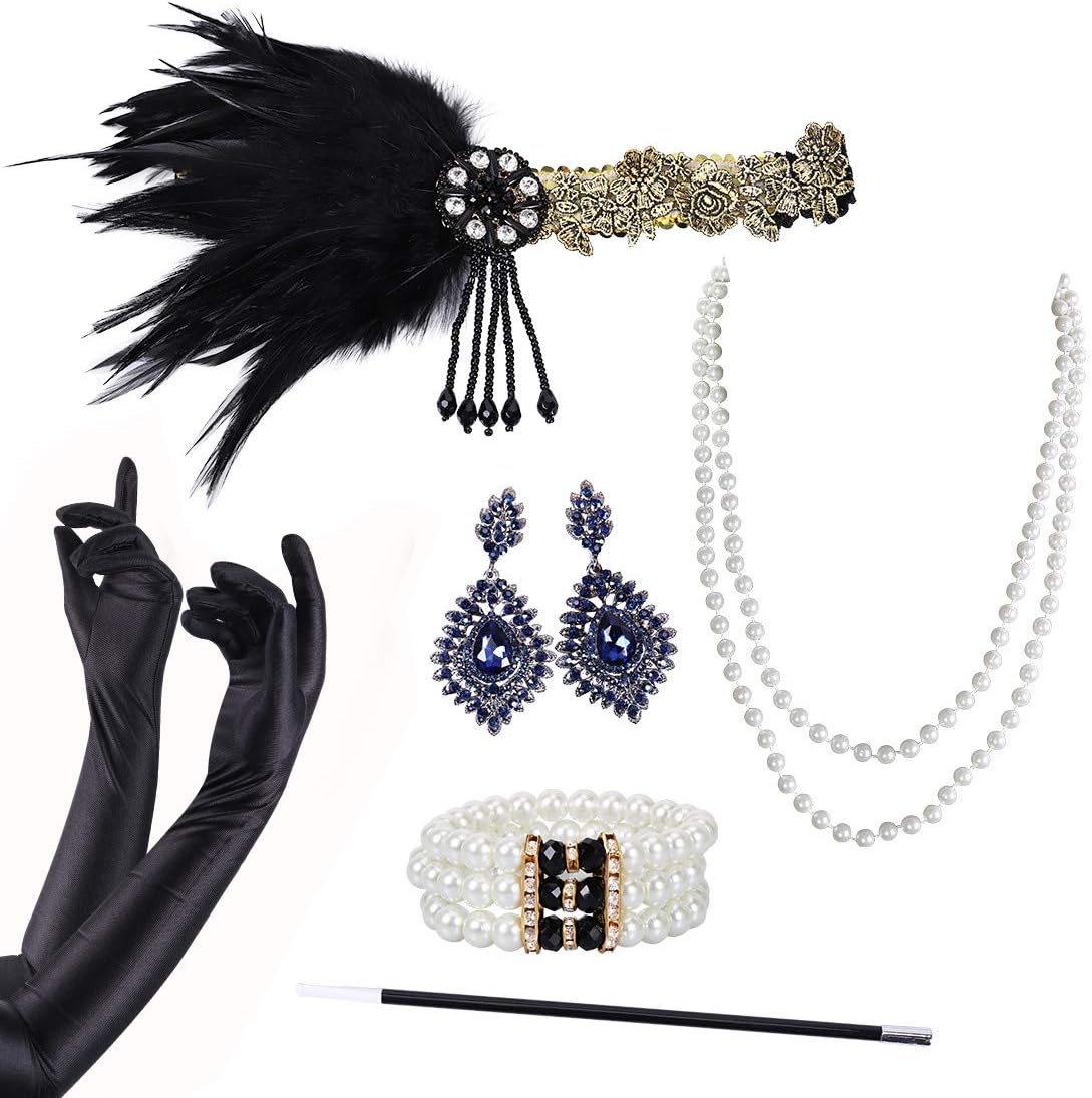 Garma 1920S Accessories Set for Women Flapper Costume Headpiece Gloves Necklace (6 Set Style 1)