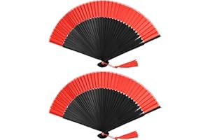 FoDau770 Classical Folding Fans, 2 Pieces Bamboo Handheld Fans, Black & Red Silk Hand Fan with Tassel for Cosplay, Dancing, Decoration, Party