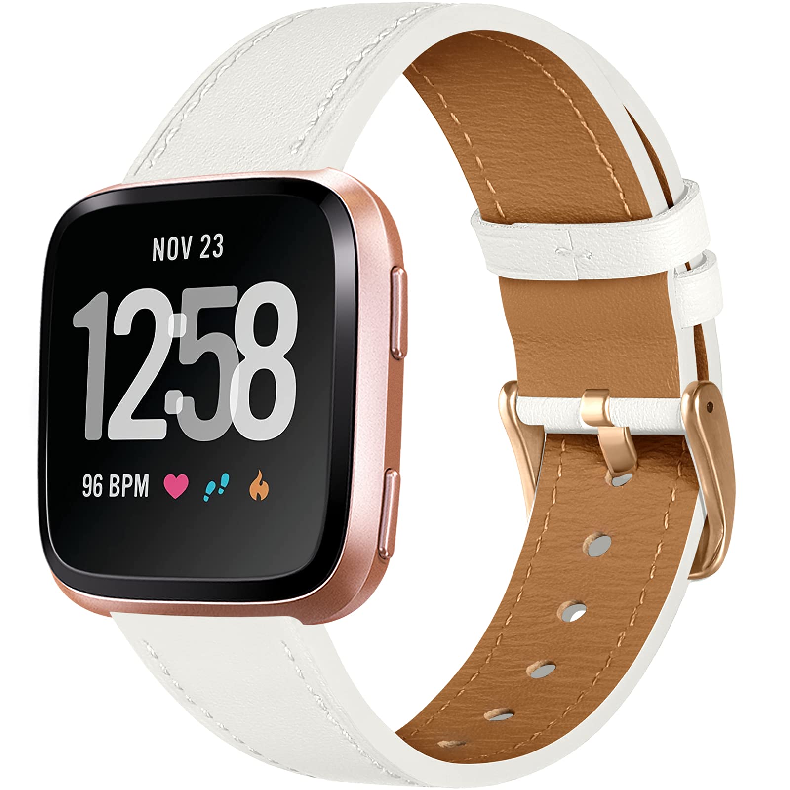 CeMiKa Leather Strap Compatible with Fitbit Versa/Fitbit Versa 2/Fitbit Versa Lite, Classic Replacement Leather Strap, White/Rose Gold, 6.5''-8.8''