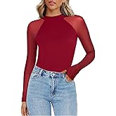 Zeagoo Long Sleeve Shirts for Women Floral Mesh Sheer Top Mock Neck Double Lined Fitted Going Out Blouses