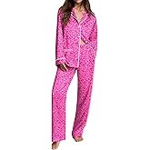 Ekouaer Womens Pajama Sets Satin Silk Pjs Classic Button Down Sleepwear Soft Long Sleeve Lounge Sets