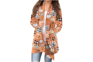 DOUBLELIFT Cardigan for Women Lightweight Long Sleeve Halloween Pumpkin Cat Print Knitted Coats Open Front Knitted Sweaters