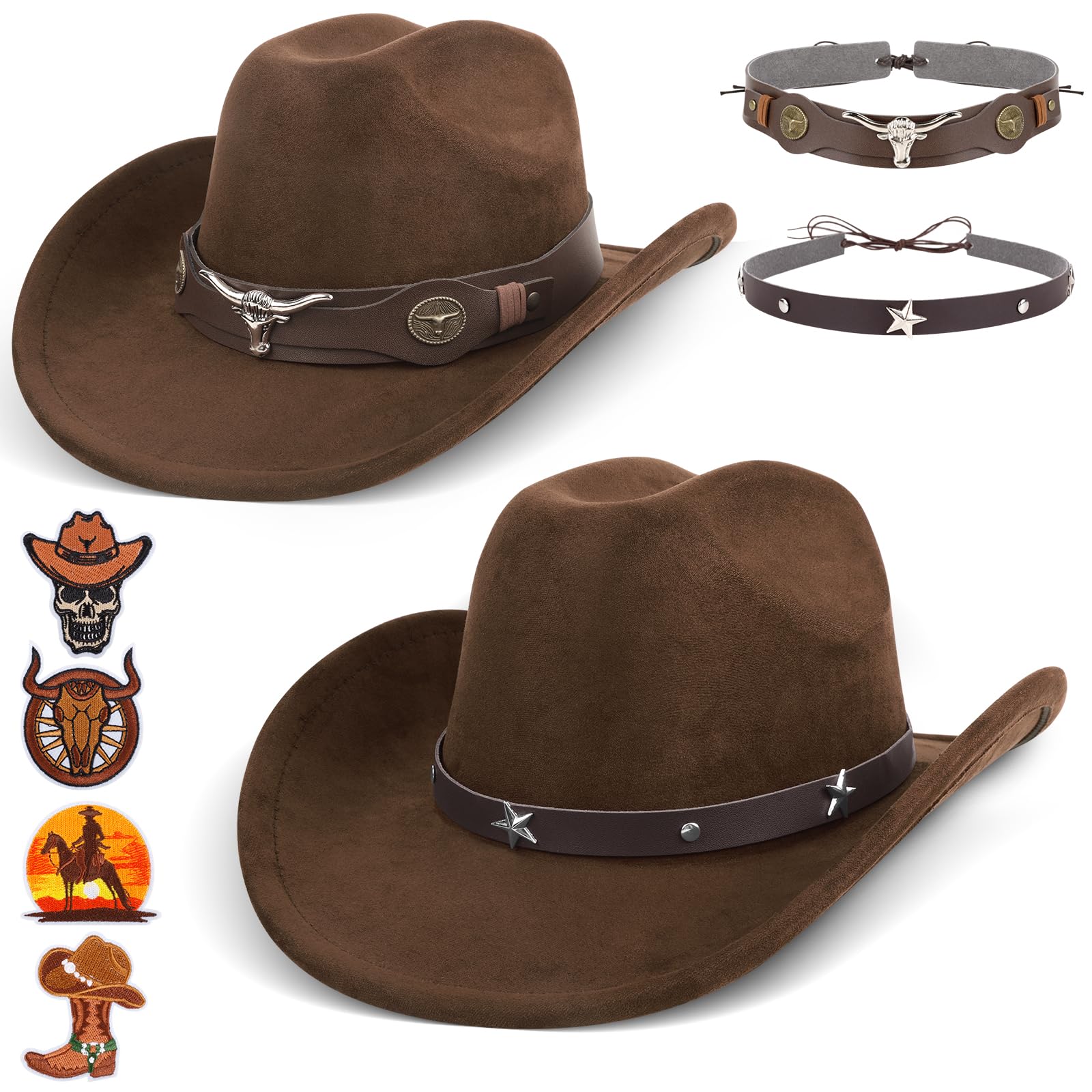 Photo 1 of **ONE PIECE**2 Pieces Cowboy Hat for Men Women – Classic Western Fedora Hats with 2 Buckle Bands & 4 Embroidered Patches – Adjustable Felt Hats for Costume Party, Rodeo, Halloween, Concert(Brown)
