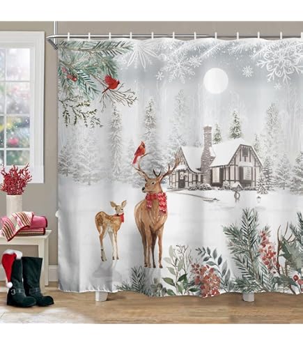 Farmhouse Christmas Shower Curtain - Red Bird Wreath & Buffalo Check Plaid Bathroom Decor (70x70 Inches)