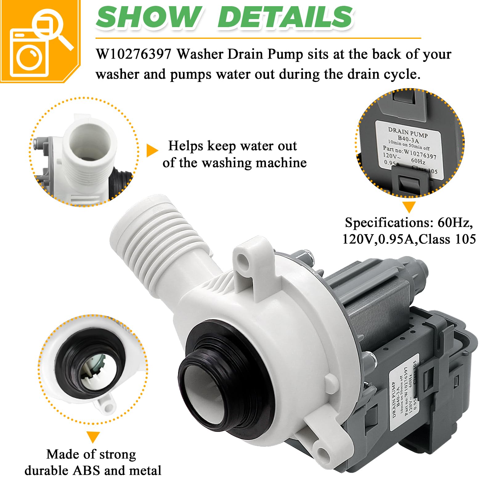 【2025 Updated】W10276397 Washer Drain Pump by Techecook - Fit for Kenmore Whirlpool Maytag Amana Washing Machine - Replaces 1874334 LP397 AP6018417 PS11751719 EAP11751719 WPW10276397VP B40-3A