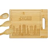 Chicago City Skyline Gifts Bamboo Cutting Board with Wooden Spoon Chicago Lovers, Skyline Map Kitchen Gift for Christmas, Mother's Day - 11.4 x 8.6