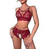 Lilosy Sexy Crotchless Strappy Women Floral Lace High Waist Pajamas Lingerie Set