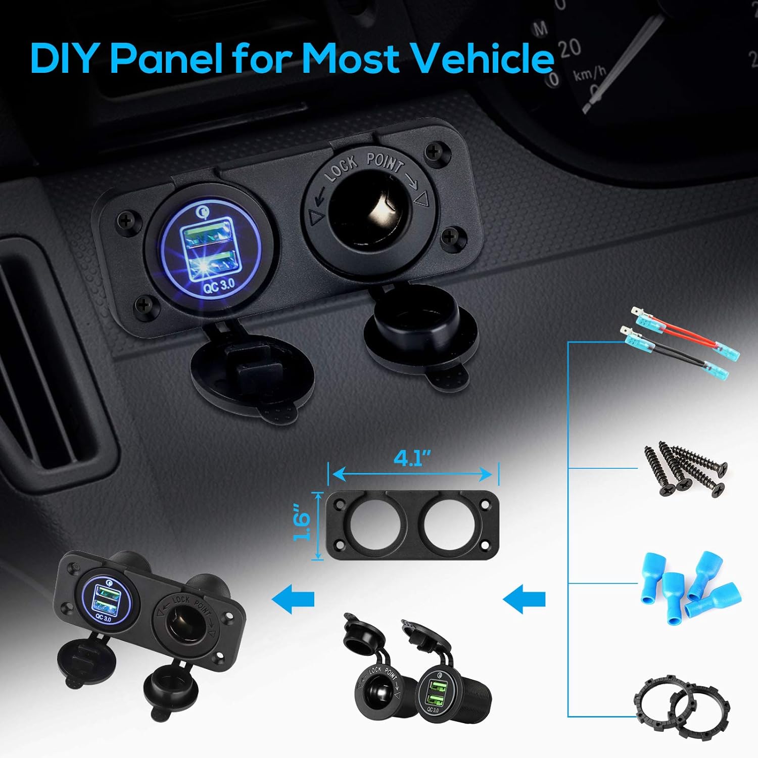 Quick Charge 3.0 Cigarette Lighter Outlet Splitter, 12V Charger Waterproof Power Socket Adapter Control panel, Dual USB Ports with Blue LED & Cigarette Lighter Socket, for 12V/24V Car Boat Marine RV: Automotive