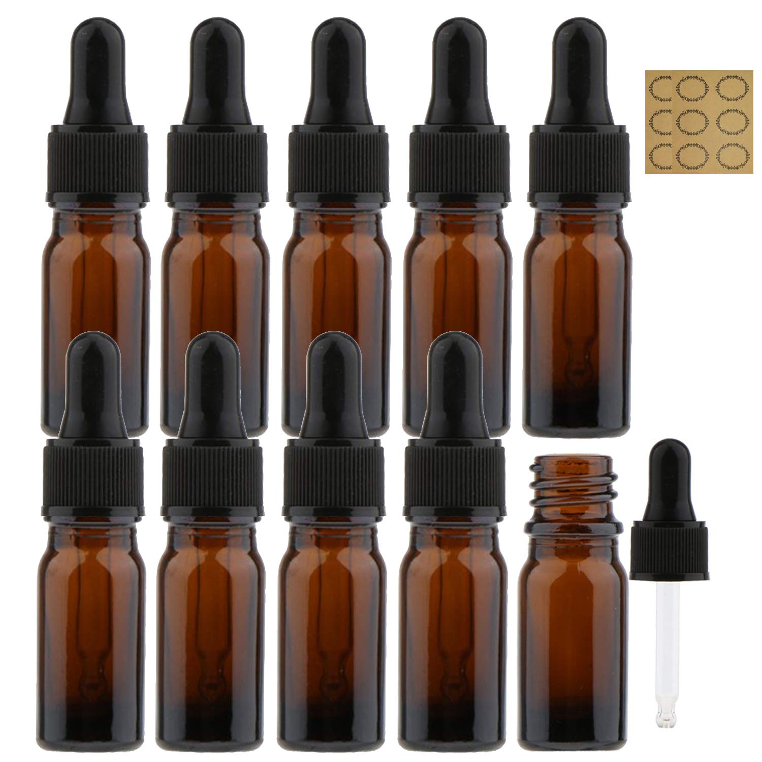 Alledomain 10Pcs, 10ml Amber Glass Bottles with Dropper Pipettes, Mini Empty Dropper Bottles Plastic Black Cap Refillable Sample Container for Essential Oil/Aromatherapy Blends/Chemical Liquid