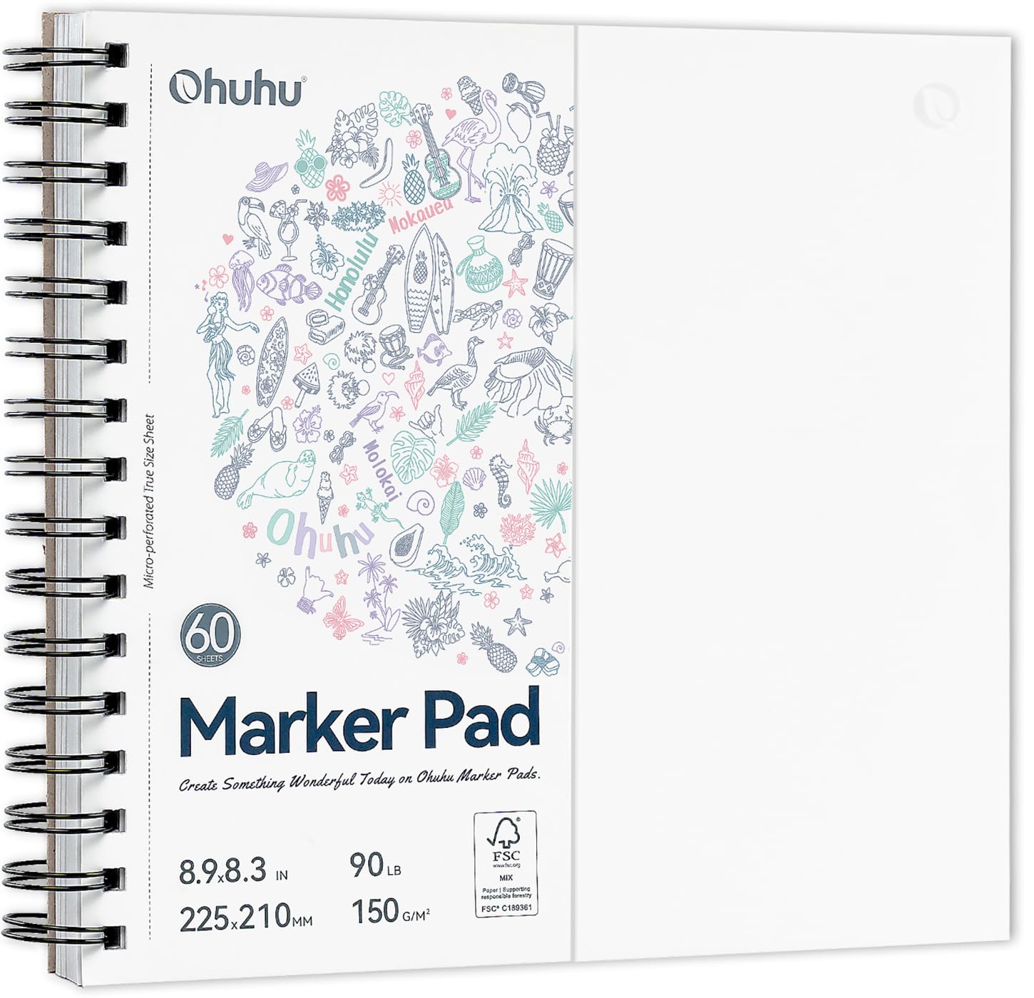 Ohuhu Sketchbook - Double-Sided Bleedproof, 120 Pages (60 Sheets) 150GSM No Bleed-Through Paper, Spiral Bound Marker Pad for for Alcohol Markers, Acrylic & Watercolour, 8.3×8.3 in (21x21cm) Square