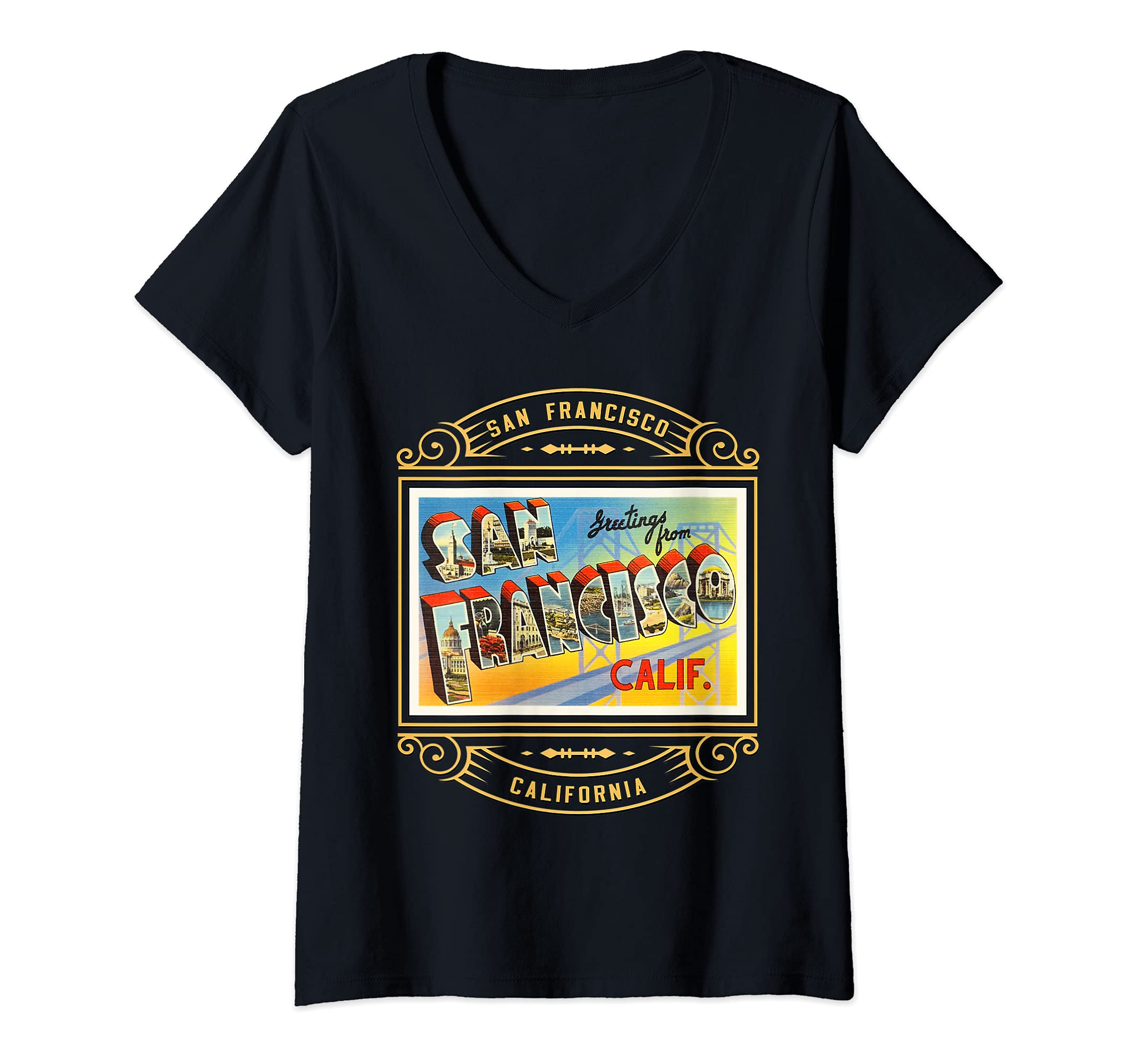 Womens San Francisco California CA Large Letter Travel Postcard 1 V-Neck T-Shirt