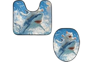 Watercolor Cat Riding Shark U-Shaped Contour Toilet Mat and Toilet Lid Cover, Bathroom Toilet Mat Set of 2, Toilet Cover and 