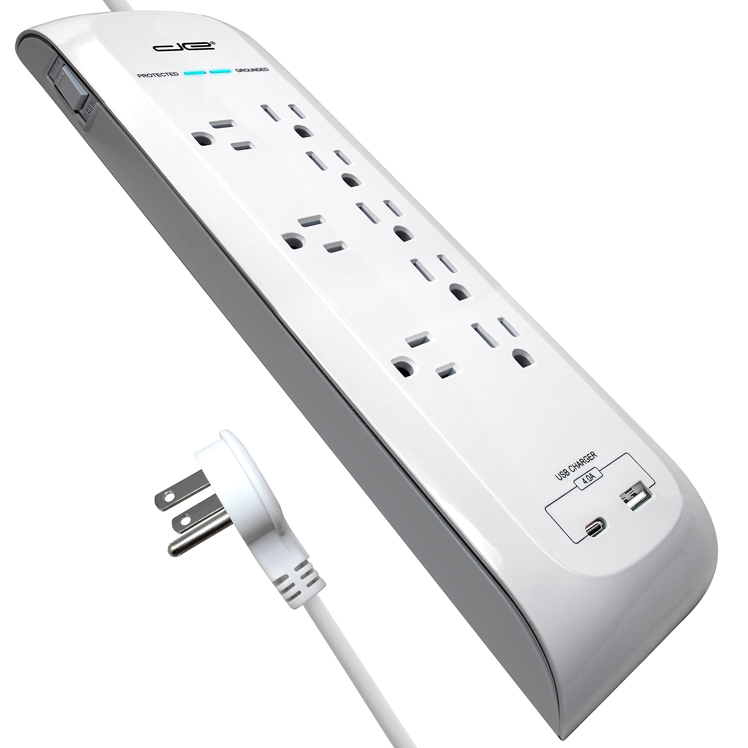 Photo 1 of Digital Energy 8 Outlet Surge Protector Power Strip 4200 Joules USB-C and USB-A, 3 Wide Spaced Outlets, 6 Foot 14/3 AWG Cord, White