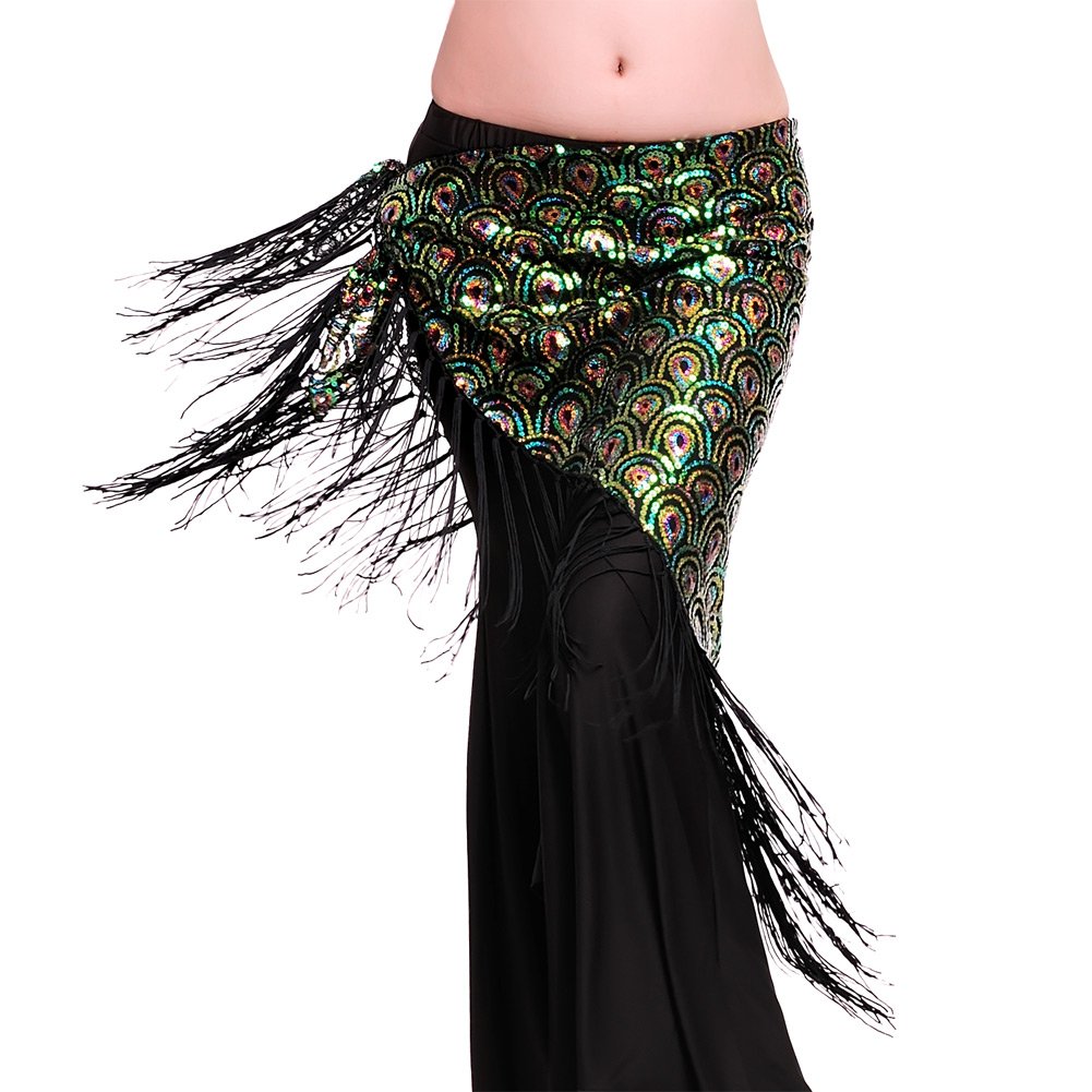 ROYAL SMEELA Women's Belly Dance Hip scarf Tassel Peacock Hip Scarves Triangle Wrap Skirt Belly Dancing Costume Clothing Sequins Belly Dance Outfit Hips Scarves Practice Clothes Class Lesson Wear