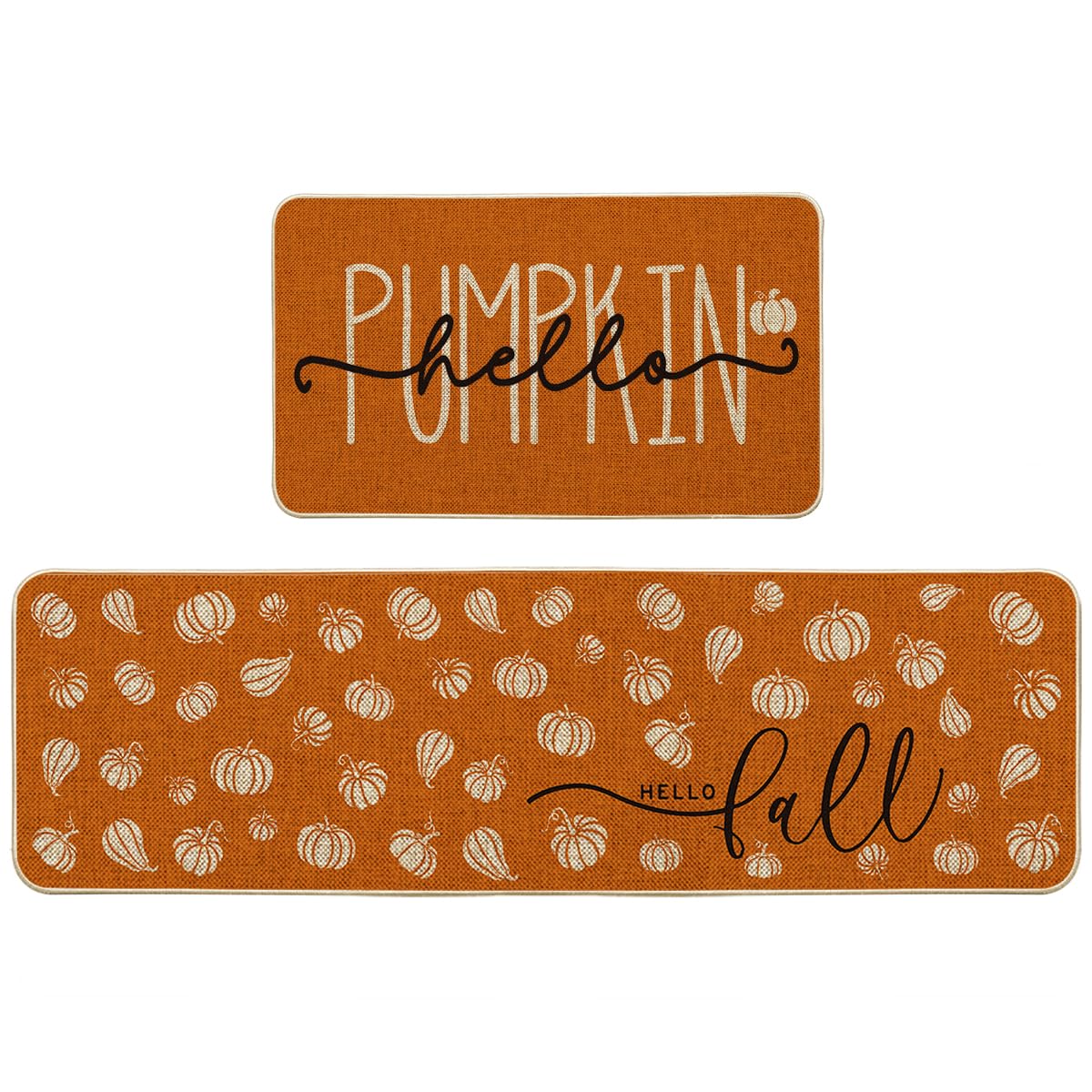 Photo 1 of Artoid Mode Orange Hello Pumpkin Fall Kitchen Mats Set of 2, Autumn Home Decor Low-Profile Kitchen Rugs for Floor - 17x29 and 17x59 Inch
