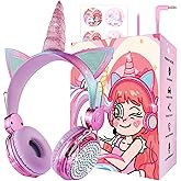 charlxee Kids Unicorns Headphones with Mic for School/Travel,95dB Volume Limited,Shareport,On/Over Ear Wired Headsets with Nylon Cable-Hot Pink