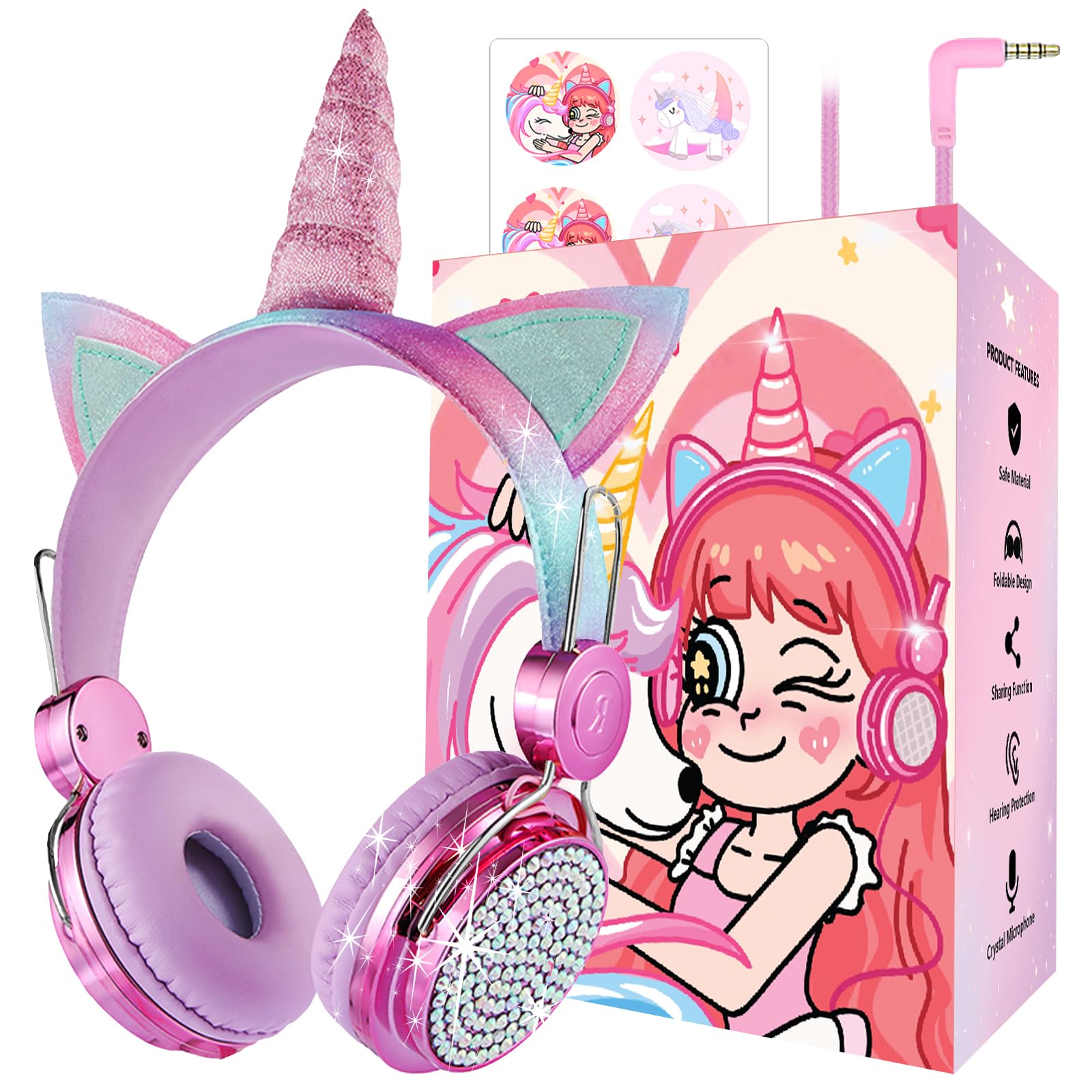 Photo 1 of charlxee Kids Unicorns Headphones with Mic for School/Travel,95dB Volume Limited,Shareport,On/Over Ear Wired Headsets with Nylon Cable-Hot Pink