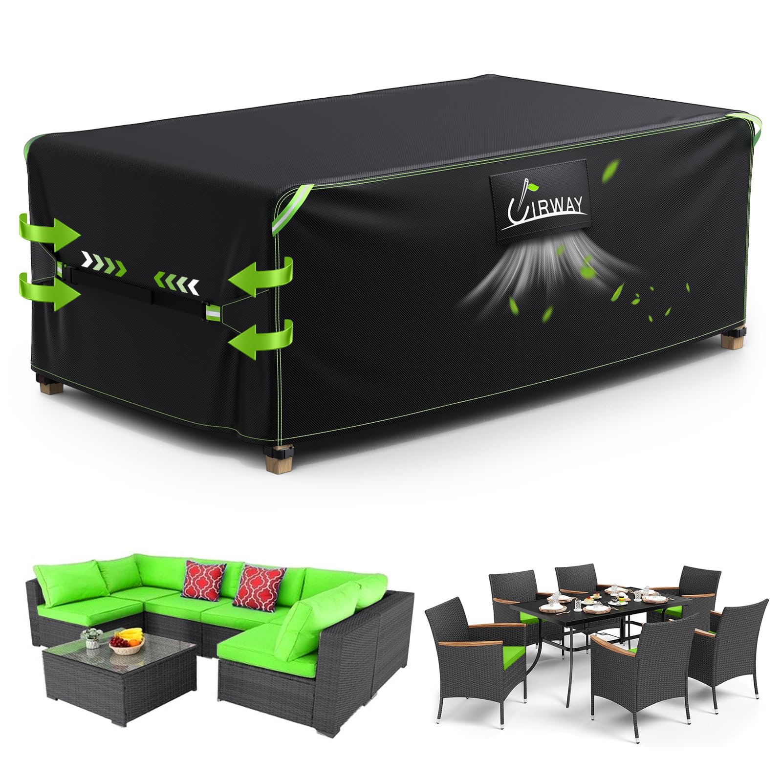 UIRWAY Garden Furniture Cover Waterproof with Air Vent, 170x94x70cm Outdoor Patio Furniture Cover, 420D Heavy Duty Garden Table Cover with Reflective Strips