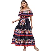 Women Mexican Dress Off Shoulder Floral Long Maxi Dress Summer Beach Party Cinco de Mayo Dresses with Belt