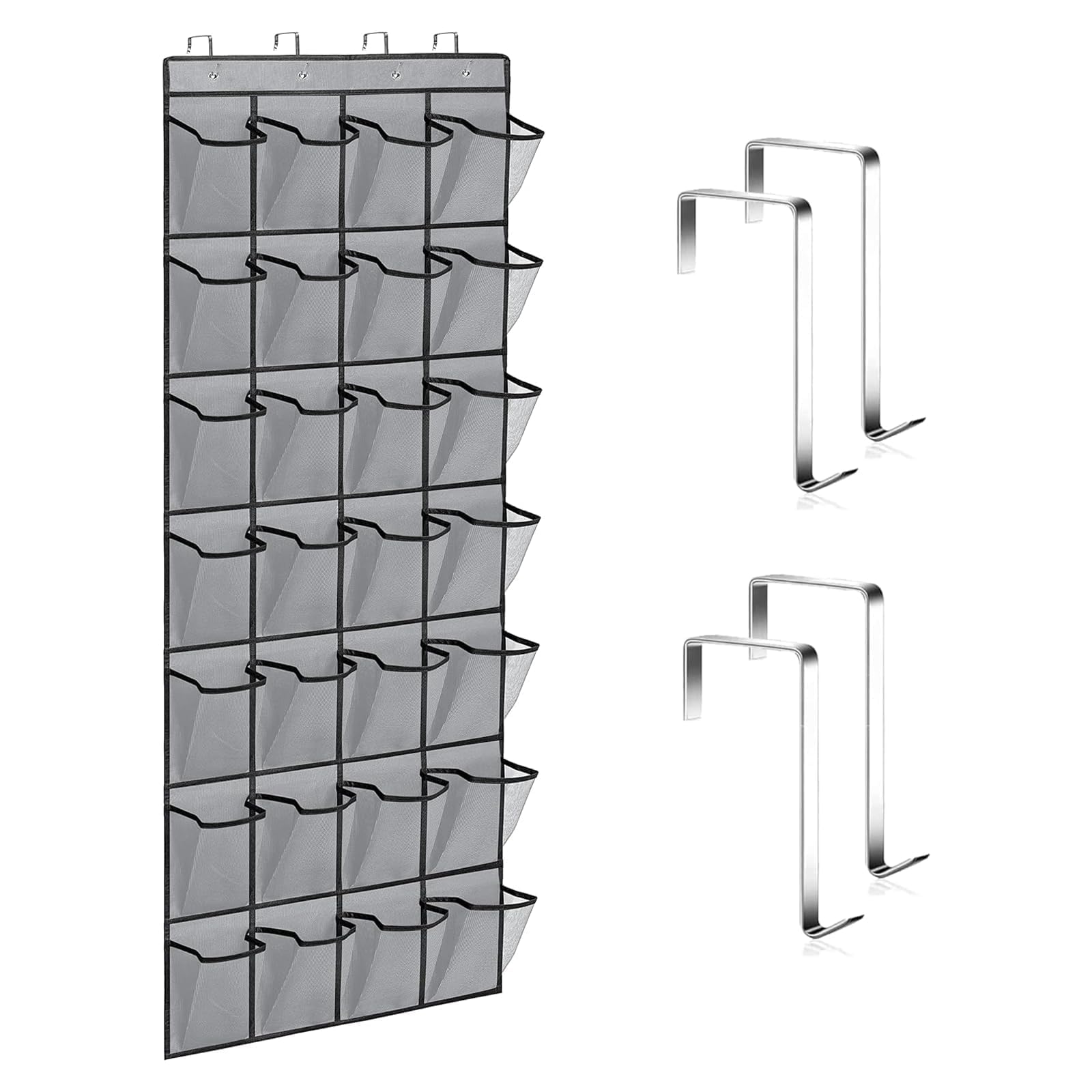 Tsathoggua Hanging Shoe Organiser with 28 Large Mesh Pockets and 4 Hooks - Overdoor Shoe Storage for Wardrobe Door Tidy, Narrow Closet, Bedroom, Bathroom