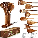 NAYAHOSE Wooden Spoons for Cooking with Utensils Holder, 10-Pieces Wooden Utensil Set Non-Stick, Natural Teak Cookware Wooden Cooking Spurtle Set, with Stainless Steel Handle