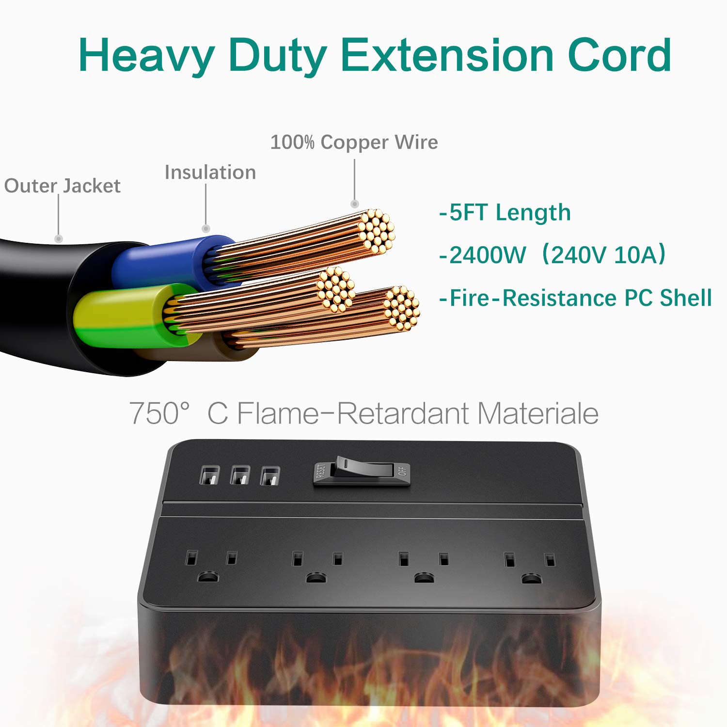 Office Nightstand And Dresser Black Hotel Power Strip Ailuki Desktop Charging Station With 3 Usb Ports 4 Outlets And 5ft Extension Cord For Home Power Strips