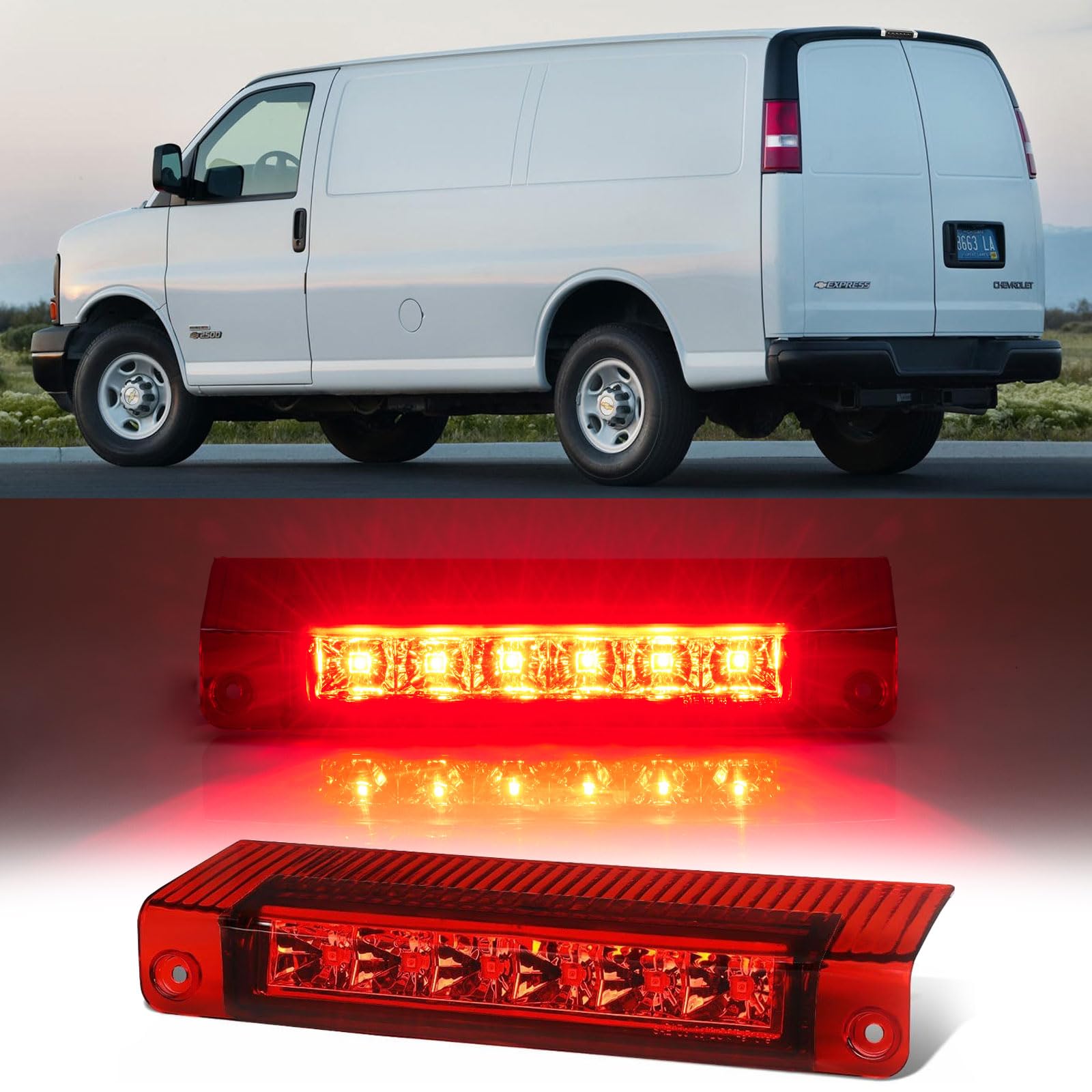 Photo 1 of Cxdar Third 3rd Brake Light LED for 2003-2017 Chevy Express, High Mount Rear Brake Lights Assembly for 03-17 GMC Savana, Waterproof Center Cab Lamp Stop Light, Red Lens